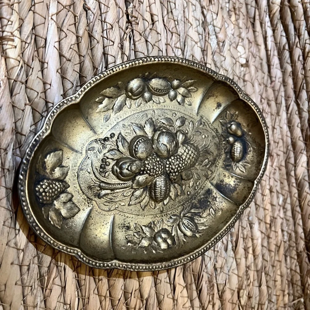 Sweet Vintage Brass Fruit Trinket Tray Flower Home Decor Textured Dainty Texture